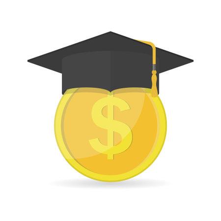 Investment in education icon. Concept of education costs, study cash, tuition fees, tax, pay, spending education money investment. Graduation cap with coin. Vector illustrationのイラスト素材