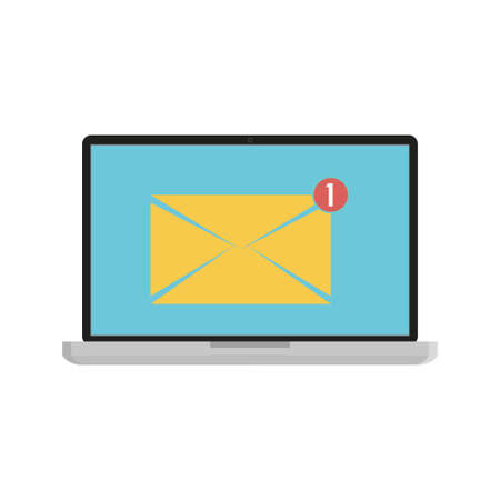 Laptop with envelope icon. Template of e-mail marketing and internet advertising concept. Notebook with letter on blue screen. Vector illustrationのイラスト素材