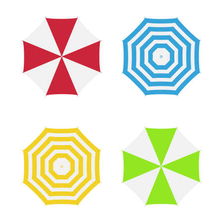 Set of beach umbrellas. Top view. Red, blue, yellow, green striped blank classic opened round summer umbrella. Vector illustrationのイラスト素材
