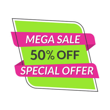 Special Offer Mega Sale banner. Ribbon abstract badge template icon. Big sale, discounts, 50 percent off. Vector illustrationのイラスト素材