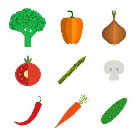 Set of vegetables. Fresh food, healthy vegan eating concept. Broccoli, pepper, onion, asparagus, champignon, chilli pepper, carrot, cucumber. Vector illustrationのイラスト素材