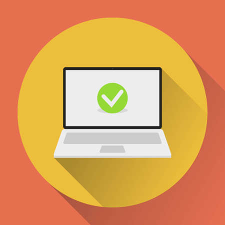 Laptop with checkmark. Flat design icon with long shadow. Electronic gadget vector illustration. Opened notebook.のイラスト素材