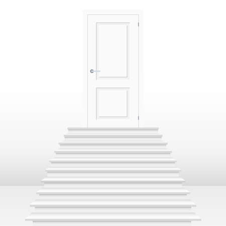 Straight stairway leading to closed door. White wooden door and stairs. Concept of success. Mockup template design for business banners, advertising or infographics. 3d vector illustrationのイラスト素材