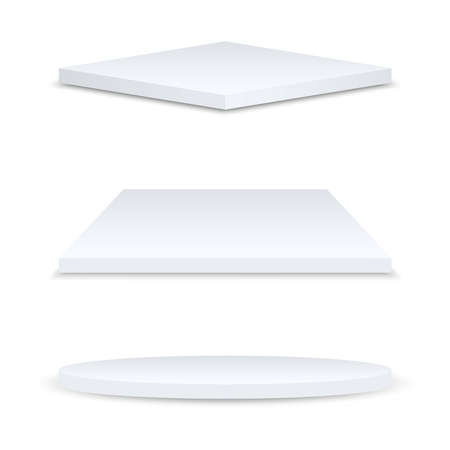 Set of realistic podiums or exhibition pedestals isolated on white background. Round, square and rhombus 3d empty podium. Mock up template for your design. Concept for advertising or presentation.のイラスト素材