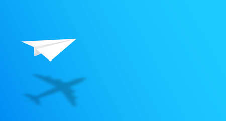 White paper plane casting shadow of airplane on blue background. Concept for travel, business idea, leadership, success, teamwork, creative idea, ambition, motivation. Template for your design. Vectorのイラスト素材