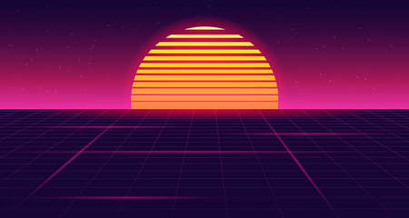 Retro futuristic sunset background with grid. 80s style. Retrowave, synthwave futuristic background. Night sky with stars and sun. Template design for cyber or sci-fi abstract concept. Vectorのイラスト素材