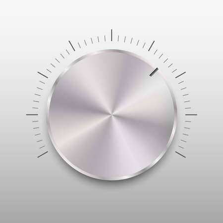 Realistic round metal volume button with shadow. Music knob with steel chrome brushed texture and sound level. Sound panel tuner interface. Template design for ui, app, web. Vector illustrationのイラスト素材