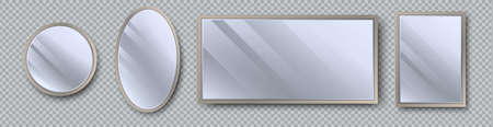 Realistic mirrors set with reflection on glass. Geometrical mirror with frame in different shapes - circle, oval, rectangle, square. Reflecting glass surfaces. 3d template design for decor interiorのイラスト素材