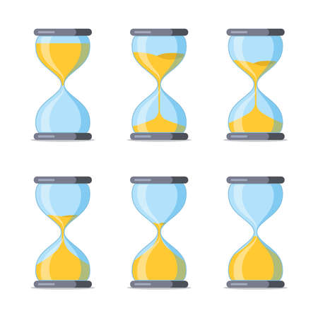Set of hourglass. Sandglass cartoon icons with animation frames. Vintage hourglass process timer sand. Antique sand clock. Template design for app ui, score display, game element. Vector illustrationのイラスト素材