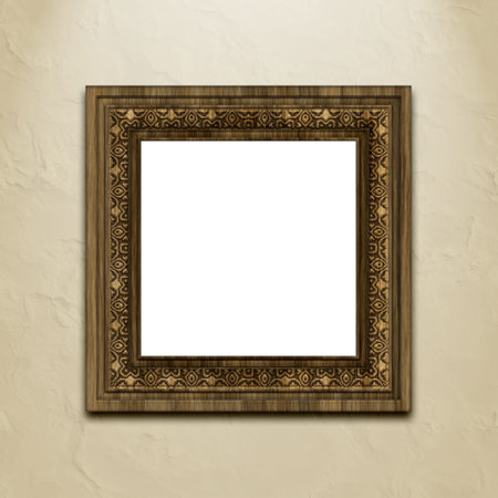 Baroque style picture frame on stucco wall.