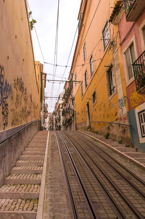 LISBON, PORTUGAL - APRIL 1, 2013: Famous Bica funicular (Elevador da Bica) on October 26, 2013 in Lisbon, Portugal.のeditorial素材