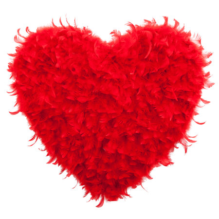 Valentines Heart shaped made of Red feathers on white background. Love conceptの写真素材