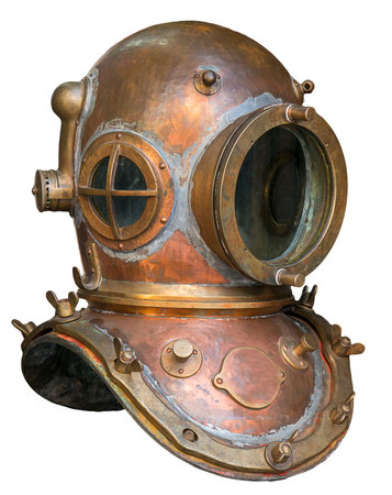 Old antique metal scuba helmet with clipping path isolated on white backgroundの写真素材