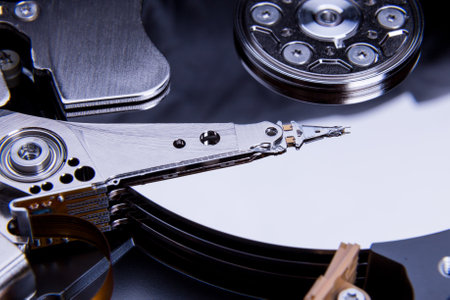 Close up of open computer hard disk drive HDD