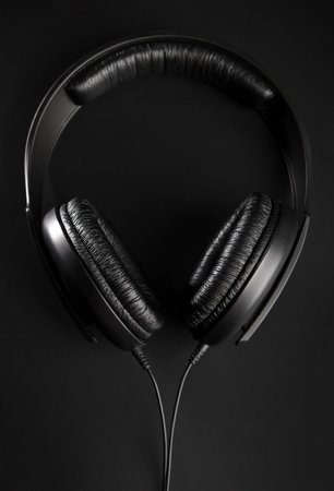 Black modern Headphones on a black backgroundの写真素材