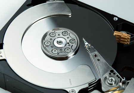 Close up of open computer hard disk drive HDD.