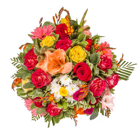 Bouquet of flowers top view isolated on white.の写真素材