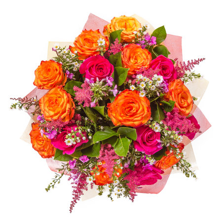 Bouquet of flowers top view isolated on white.の写真素材