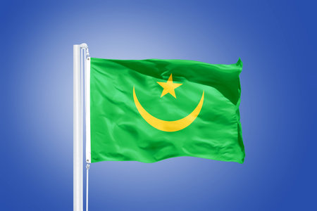 Flag of Mauritania flying against a blue sky.の写真素材