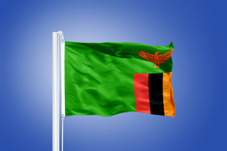 Flag of Zambia flying against a blue sky.の写真素材