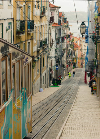 LISBON, PORTUGAL- MARCH 23, 2013: Lisbon's Gloria funicular classified in Bairro Alto in Lisbon, Portugalのeditorial素材