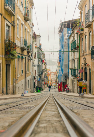 LISBON, PORTUGAL- MARCH 23, 2013: Lisbon's Gloria funicular classified in Bairro Alto in Lisbon, Portugalのeditorial素材