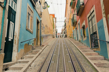 LISBON, PORTUGAL- MARCH 23, 2013: Lisbon's Gloria funicular classified in Bairro Alto in Lisbon, Portugalのeditorial素材
