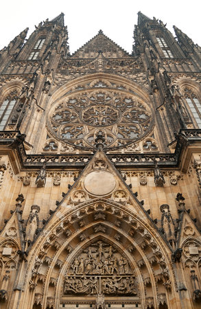 The facade of St. Vitus Cathedral in Prague with  its rose windowの写真素材