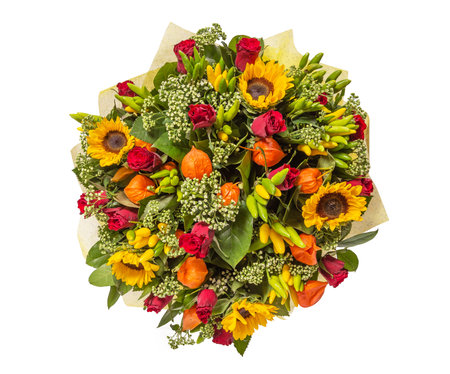 Bouquet of flowers top view isolated on white.の写真素材