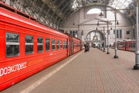 MOSCOW, RUSSIA - MAY, 14 2015: Aeroexpress red Train on Kiyevskaya railway station,  Kievskiy vokzalのeditorial素材