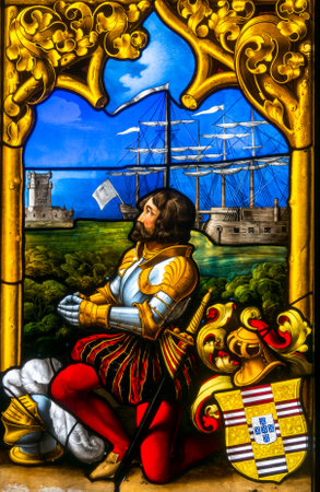 Sintra, Portugal - March 25, 2013: Stained glass window from  Pena National Palace in Sintra, Portugalのeditorial素材