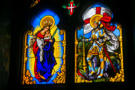 Sintra, Portugal - March 25, 2013: Stained glass window from  Pena National Palace in Sintra, Portugalのeditorial素材