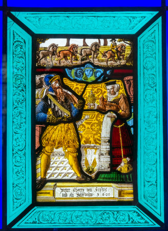 Sintra, Portugal - March 25, 2013: Stained glass window from  Pena National Palace in Sintra, Portugalのeditorial素材