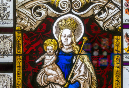 Sintra, Portugal - March 25, 2013: Stained glass window from  Pena National Palace in Sintra, Portugalのeditorial素材