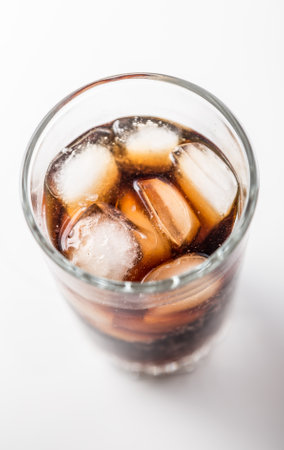 Cola glass with ice cubes on a white background.の写真素材