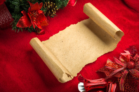 Christmas vintage scroll on red background.