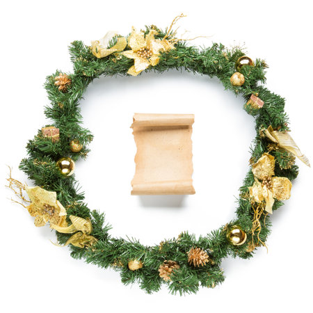 Christmas garland with parchment Isolated over white background.の写真素材