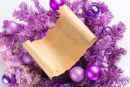 Christmas card parchment over fir tree.の写真素材