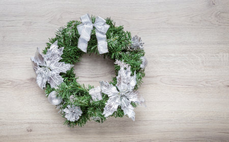 Christmas blue wreath on wood.の写真素材