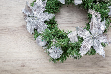 Christmas blue wreath on wood.の写真素材