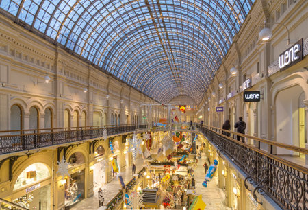 Moscow, Russia - December 8, 2015: Christmas holiday interior in the Main Department Store (GUM), Moscow, eveningのeditorial素材