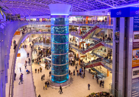 Moscow, Russia - December 8, 2015: Interior of Aviapark shopping mall in Moscow. Aviapark was opened in NOV 28, 2014.The full area is 390 000 square meters.のeditorial素材