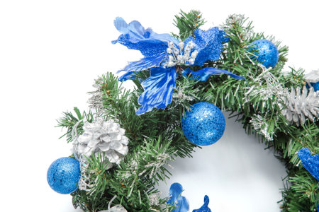 Christmas blue wreath isolated on white.の写真素材
