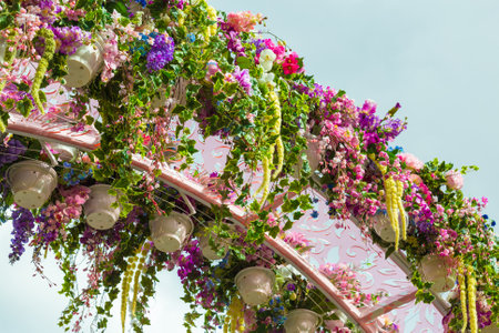 Part of wedding arch with pink and white flowers.の写真素材