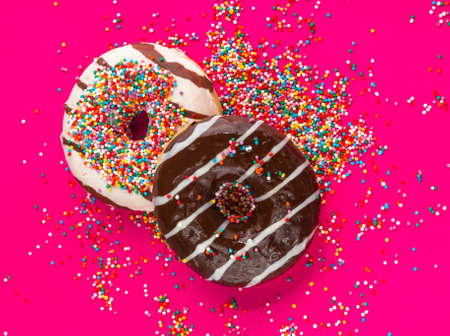 Donuts with icing on pink background. Sweet donuts. Donuts background . Eaten donut.の写真素材