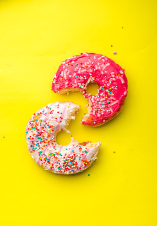 Donuts with icing on yellow background. Sweet donuts. Donuts backgroundの写真素材