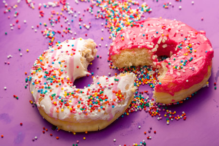 Donuts with icing on color background. Sweet donuts. Donuts background . Eaten donut.の写真素材