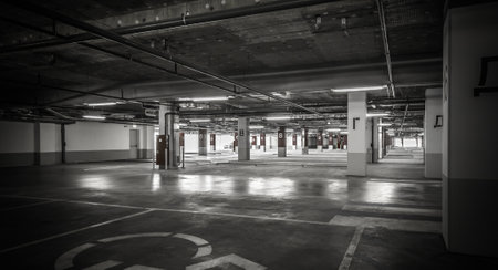 Parking garage, underground interior with a few parked carsの写真素材