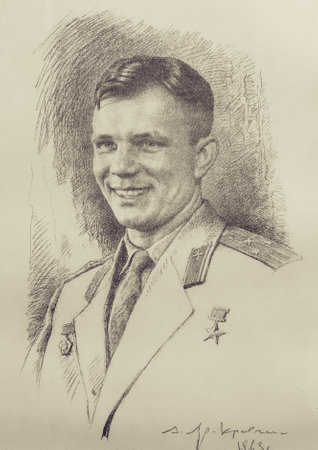 MOSCOW, RUSSIA - MAY 31, 2016: Famous cosmonaut Gagarin pencil draw portrait in space museum.