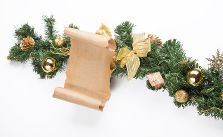 Christmas card parchment over fir tree.の写真素材